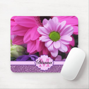 Pink Dahlia Flowers Purple Glitter Floral Name Mouse Mat
