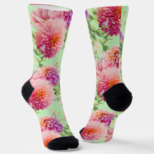 Pink Dahlia Flowers Socks (Angled)