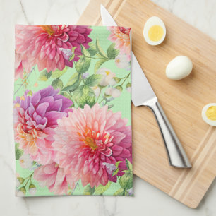 Pink Dahlia Flowers Tea Towel
