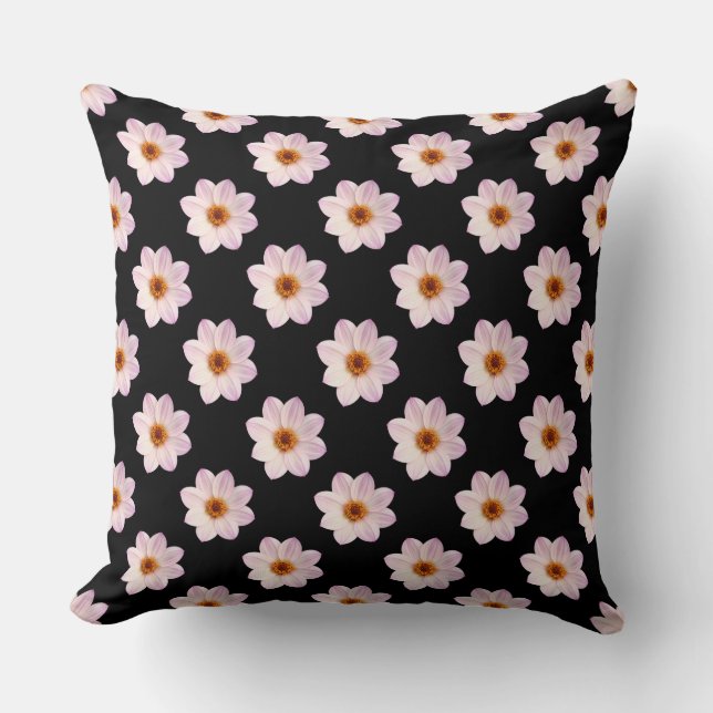 Pink Dahlia Pattern - Full Colour on Black Cushion (Front)