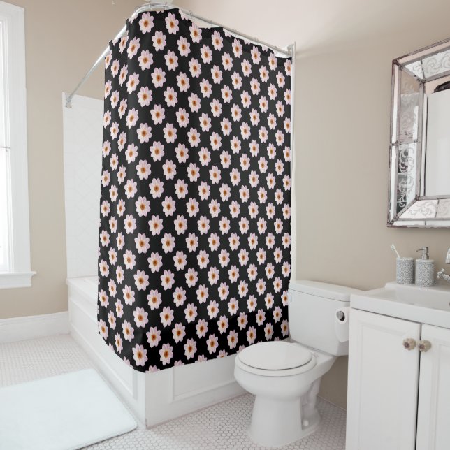 Pink Dahlia Pattern - Full Colour on Black Shower Curtain (In Situ)