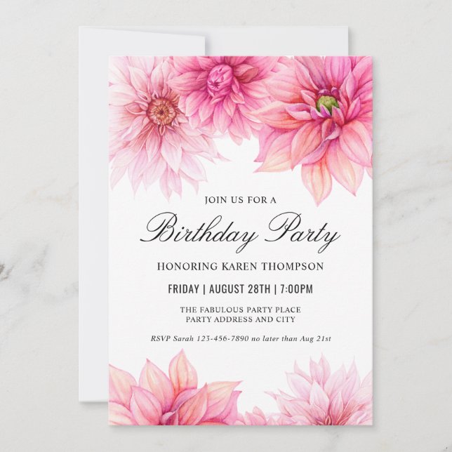 Pink Dahlia Watercolor Floral Birthday Party Invitation (Front)