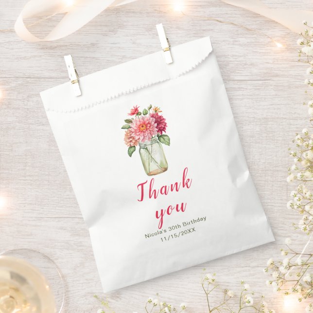 Pink Dahlias Mason Jar Birthday Party Favour Bags (Clipped)