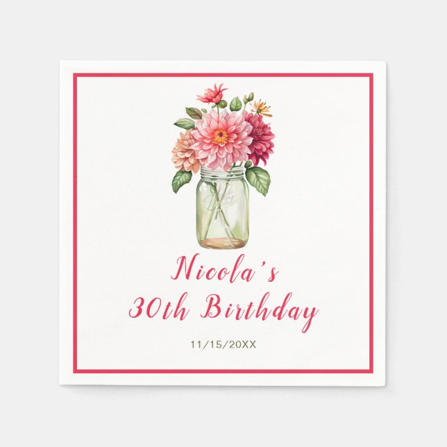 Pink Dahlias Mason Jar Birthday Party Napkin (Front)
