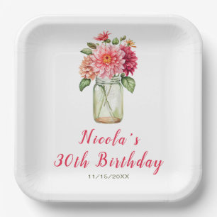 Pink Dahlias Mason Jar Birthday Party Paper Plate