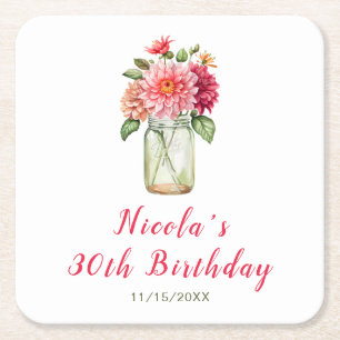Pink Dahlias Mason Jar Birthday Party Square Paper Coaster