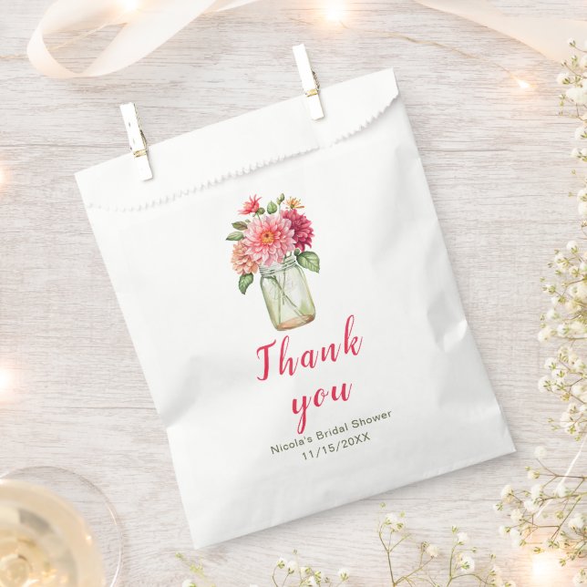 Pink Dahlias Mason Jar Bridal Shower Favour Bags (Clipped)
