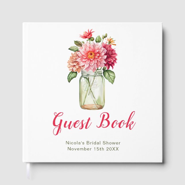 Pink Dahlias Mason Jar Bridal Shower Guest Book (Front)