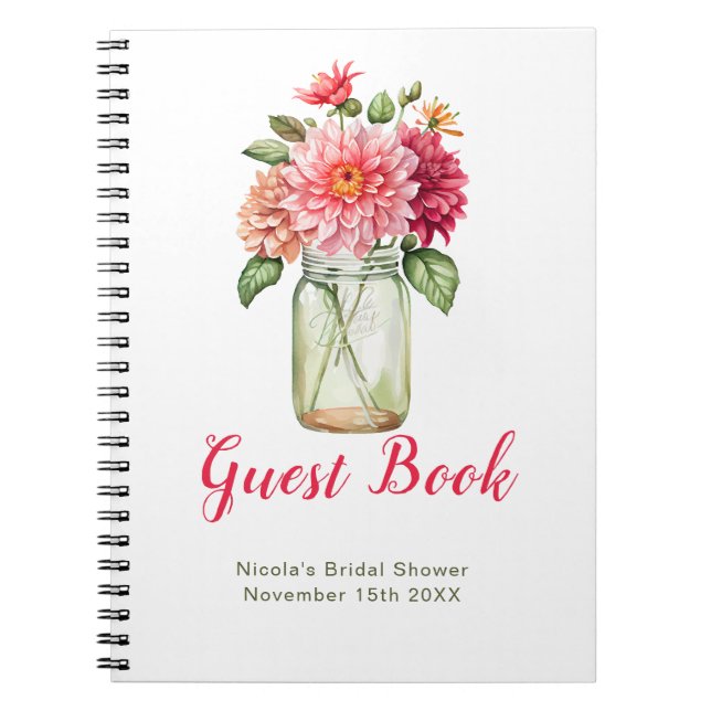 Pink Dahlias Mason Jar Bridal Shower Guest Book (Front)