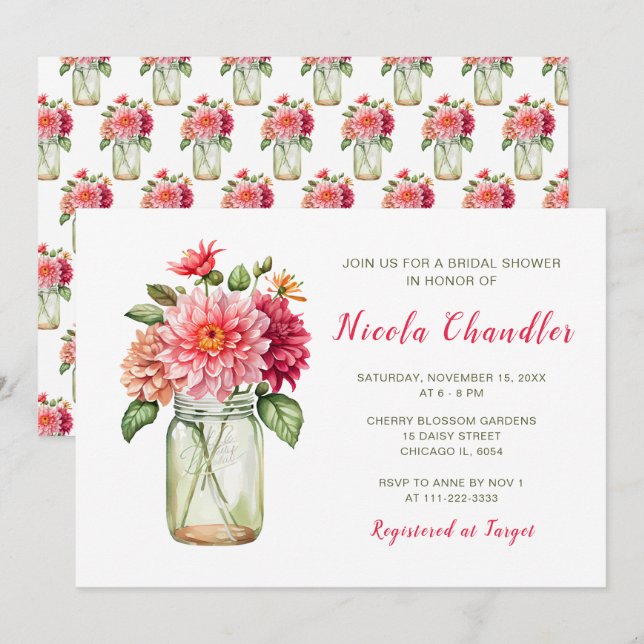 Pink Dahlias Mason Jar Bridal Shower Invitation (Front/Back)