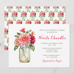 Pink Dahlias Mason Jar Bridal Shower Invitation