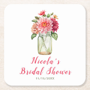 Pink Dahlias Mason Jar Bridal Shower Square Paper Coaster