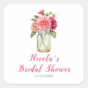Pink Dahlias Mason Jar Bridal Shower Square Sticker