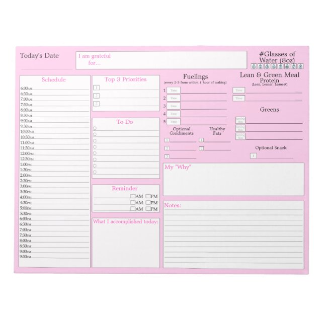 Pink | Daily Planner | 5 and 1 Food Journal Notepad (Front)