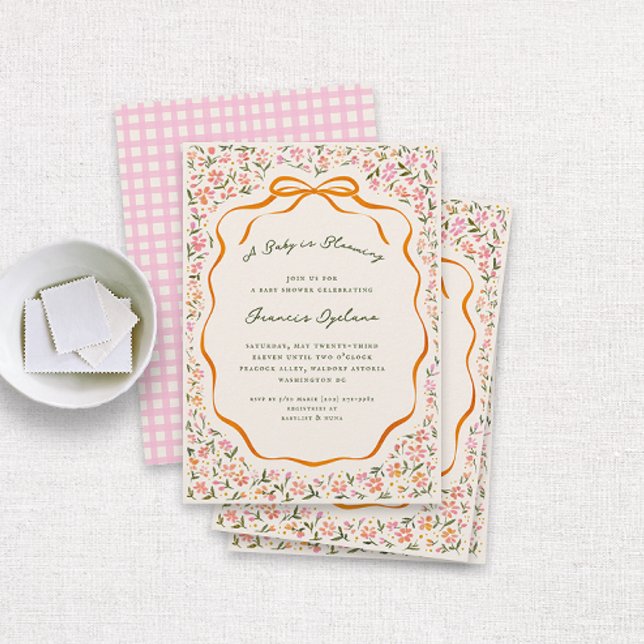 Pink Dainty Flowers and Orange Bow Baby Shower Invitation (pretty watercolor drawn florals and an orange bow and ribbon frame cottage baby shower invitation)