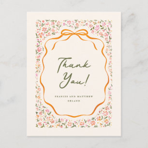 Pink Dainty Flowers and Orange Bow Thank You Postcard