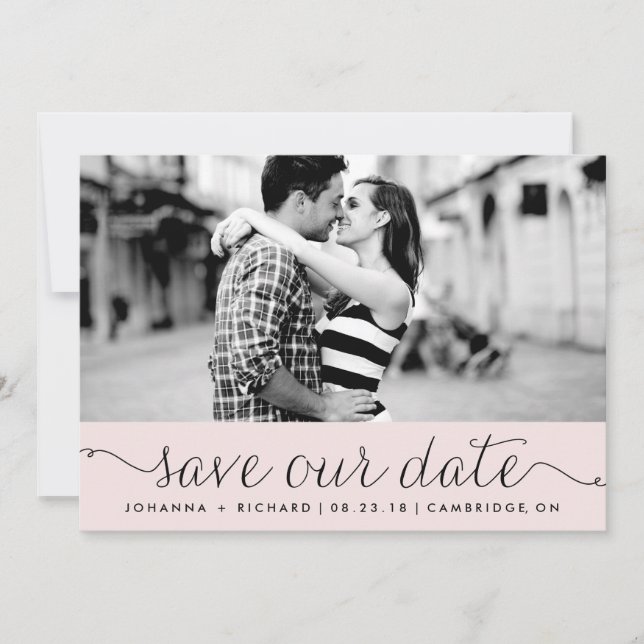 Pink Dainty Script Save Our Date Announcement (Front)