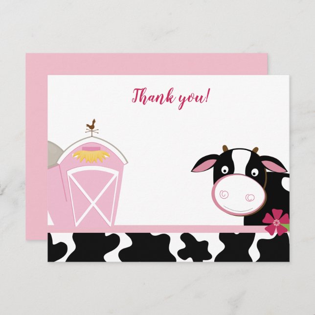 Pink Dairy Cow Farm Flat Thank you notes Invitation (Front/Back)
