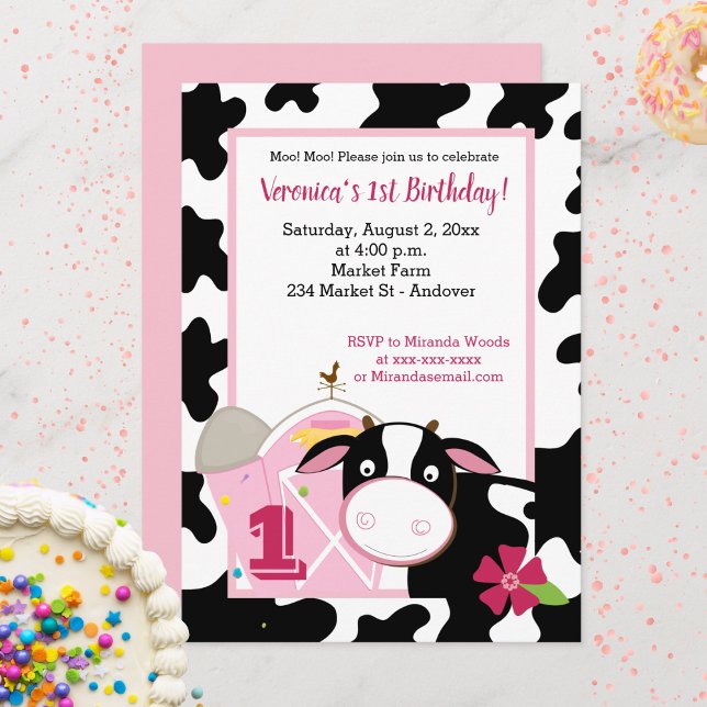 Pink Dairy Cow Girl Any Age Birthday Invitation (Pink Cow Birthday Invitation)