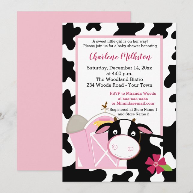Pink Dairy Cow Girl Baby Shower Invitation (Front/Back)
