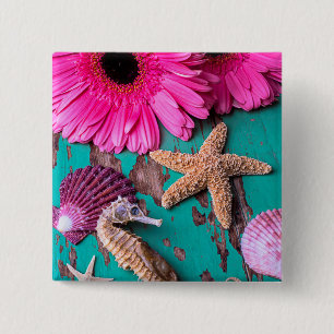 Pink Daises And Seahorse With Starfish 15 Cm Square Badge
