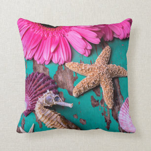 Pink Daises And Seahorse With Starfish Cushion