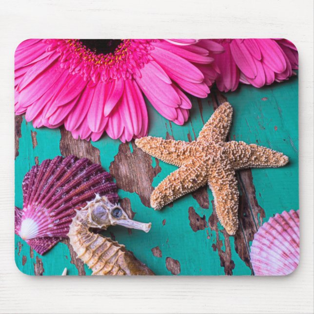 Pink Daises And Seahorse With Starfish Mouse Mat (Front)