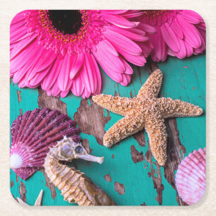 Pink Daises And Seahorse With Starfish Square Paper Coaster