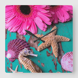 Pink Daises And Seahorse With Starfish Square Wall Clock