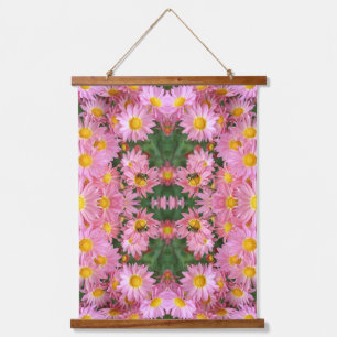 Pink Daisies And Bumble Bee Abstract Hanging Tapestry