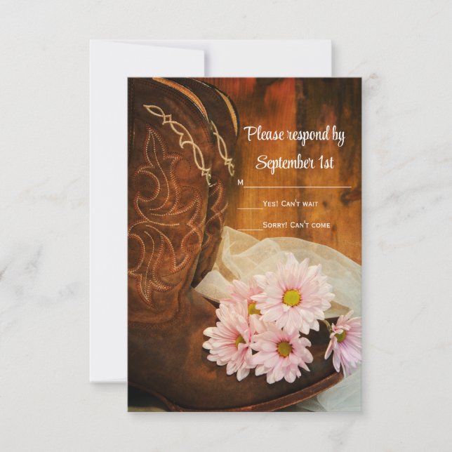 Pink Daisies and Cowboy Boots Western Wedding RSVP (Front)