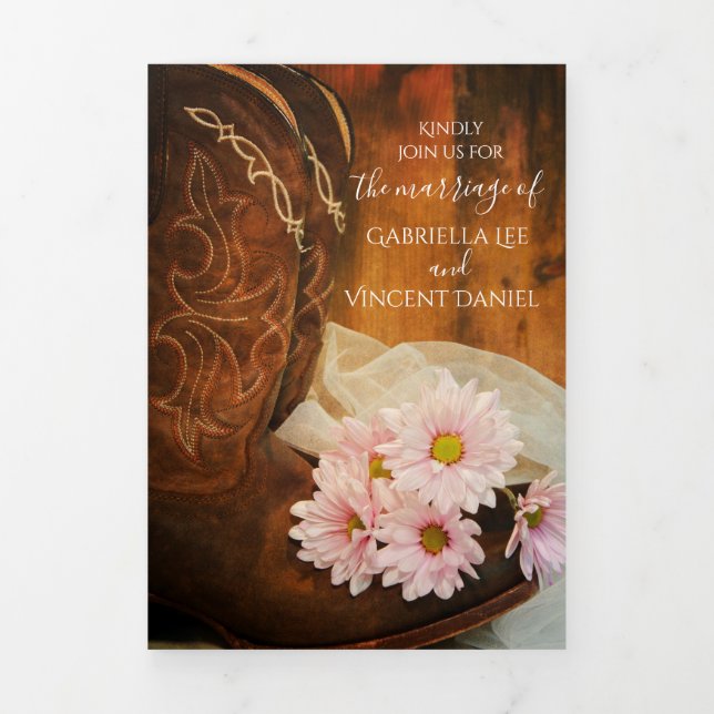 Pink Daisies and Cowboy Boots Western Wedding Tri-Fold Invitation (Cover)