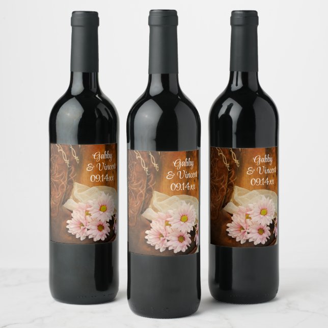 Pink Daisies and Cowboy Boots Western Wedding Wine Label (Bottles)