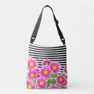 Pink Daisies / Asters Bouquet & black stripes Crossbody Bag