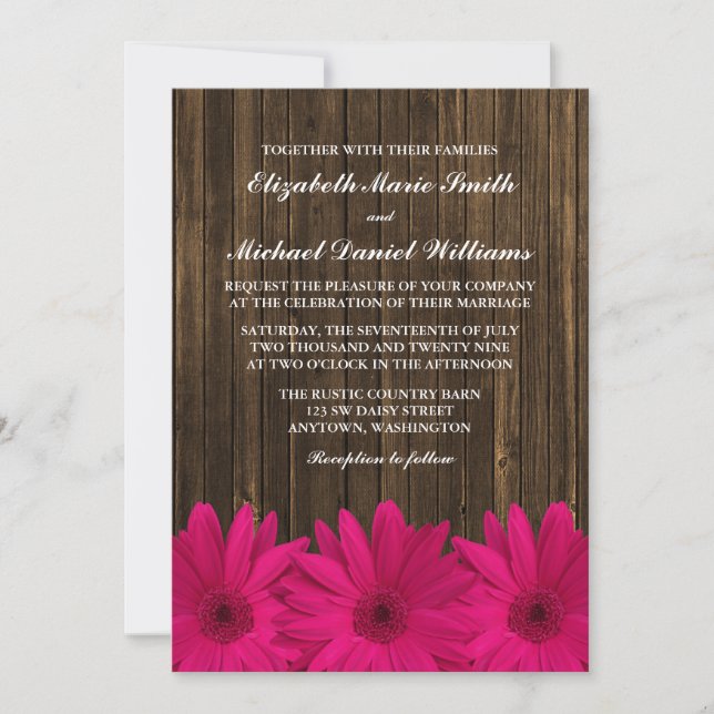 Pink Daisies Barn Wood Wedding Invitation (Front)