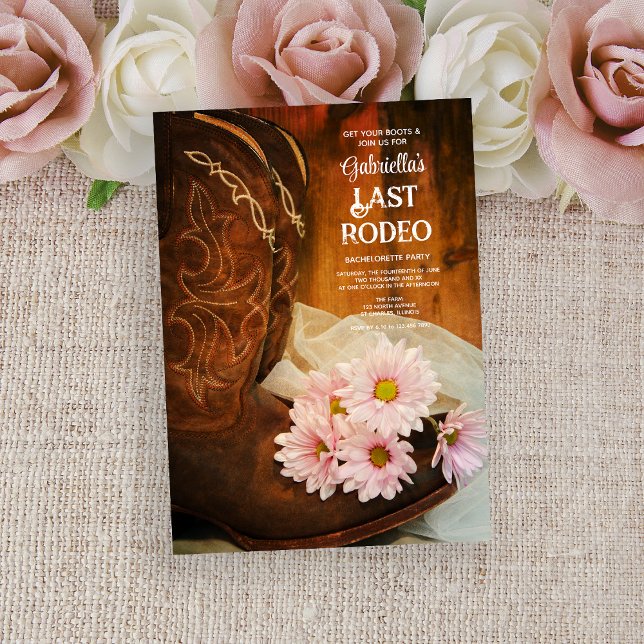 Pink Daisies Boots Last Rodeo Bachelorette Party Invitation (Creator Uploaded)