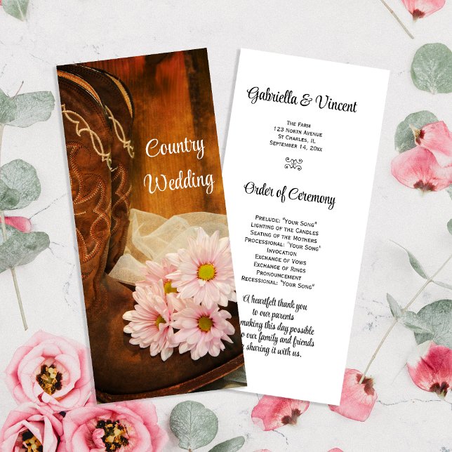 Pink Daisies Cowboy Boots Country Wedding Program Programme (Creator Uploaded)