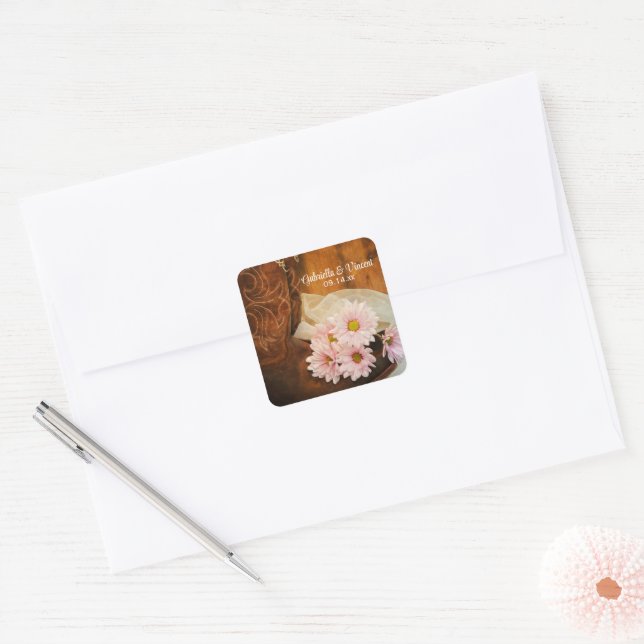 Pink Daisies Cowboy Boots Country Western Wedding Square Sticker (Envelope)
