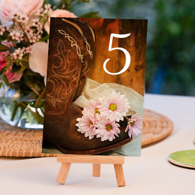 Pink Daisies Cowboy Boots Country Western Wedding Table Number (Creator Uploaded)