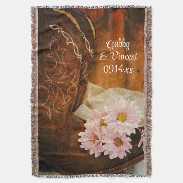 Pink Daisies Cowboy Boots Country Western Wedding Throw Blanket (Front Vertical)
