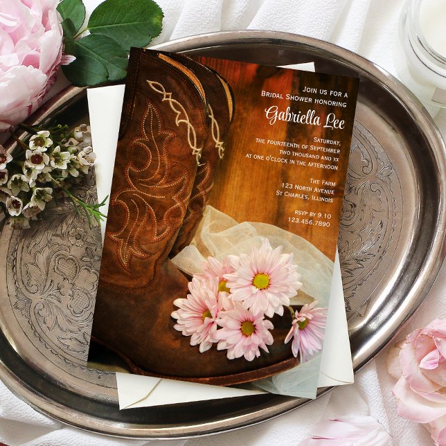 Pink Daisies Cowboy Boots Western Bridal Shower Invitation (Creator Uploaded)