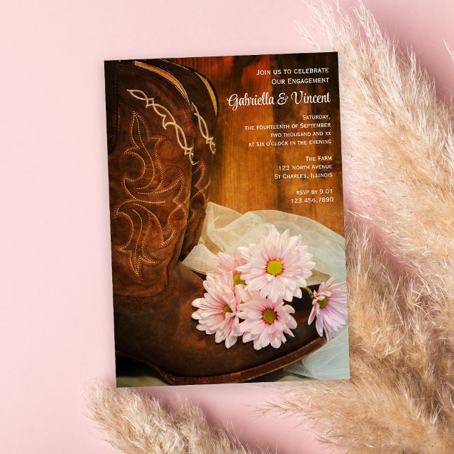 Pink Daisies Cowboy Boots Western Engagement Party Invitation (Creator Uploaded)