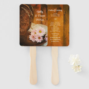 Pink Daisies Cowboy Boots Western Wedding Program Hand Fan
