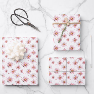 Pink Daisies & Dots on White Wrapping Paper Sheet