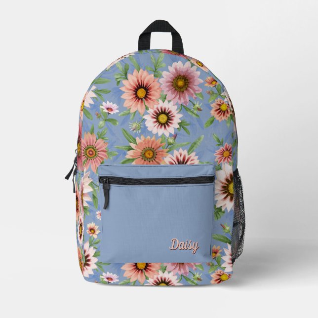 Pink Daisies Floral Botanical Art Personalised Printed Backpack (Front)