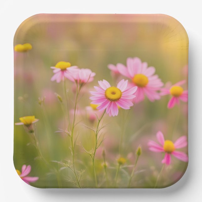 Pink Daisies Meadow Paper Plate (Front)