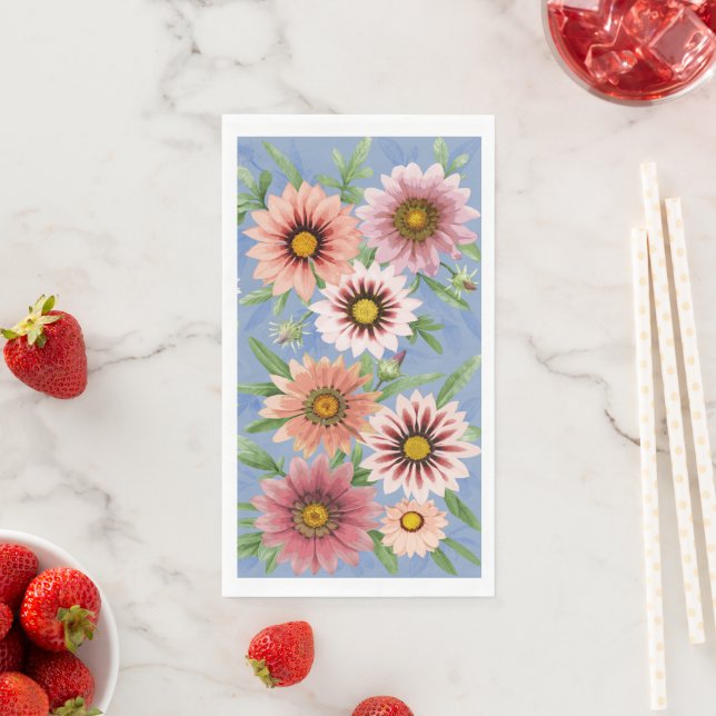 Pink Daisies on Blue Floral Botanical Art Napkin (Insitu)