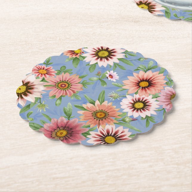 Pink Daisies on Blue Floral Pattern Paper Coaster (Angled)