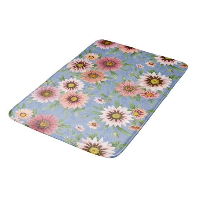 Pink Daisies Pretty Floral Pattern on Blue Bath Mat (Angled)