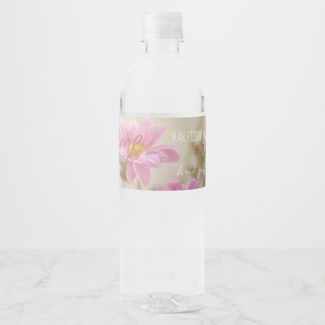 Pink Daisies Water Bottle Label Romantic Flowers (Front)